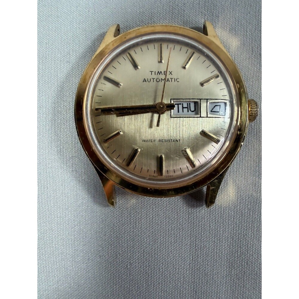 Vtg Timex Automatic Wristwatch w Day & Date Running Gold Tone Case 1 3/8" Diam